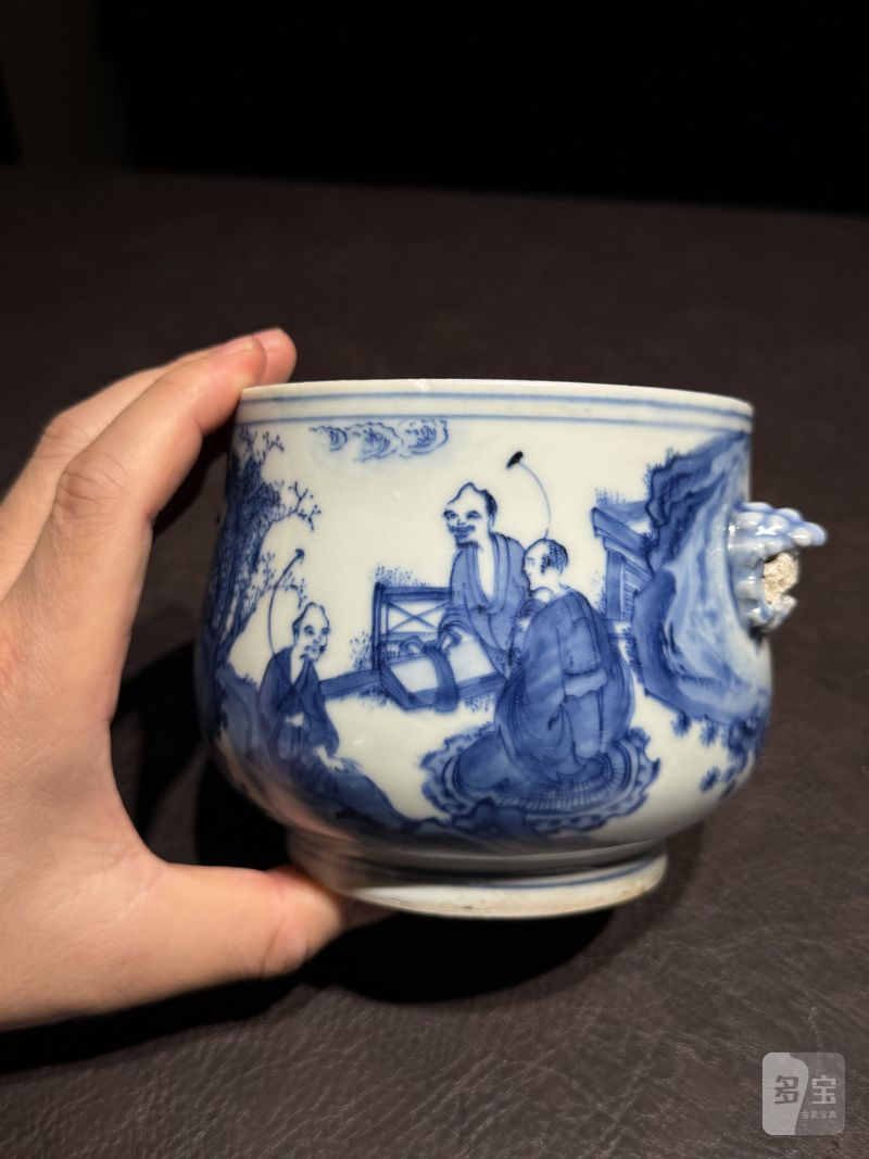 明崇祯 青花罗汉图狮耳炉 - 图7